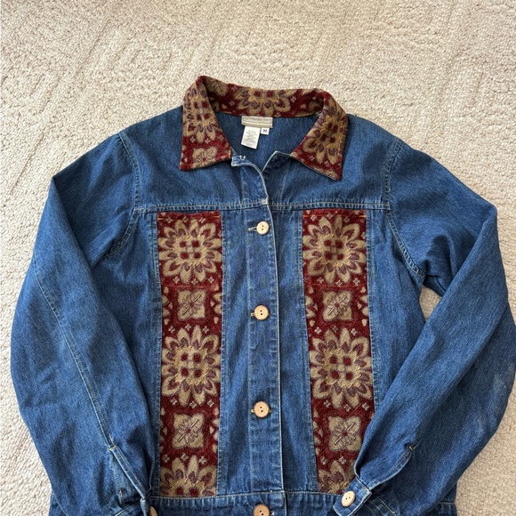 Coldwater Creek Jackets & Blazers - Coldwater Creek Blue Denim Jacket with Red & Gold Tapestry Collar